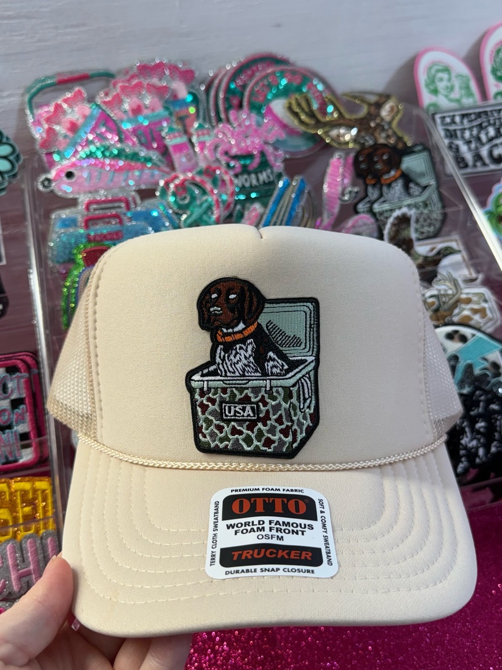 Cream Otto Trucker Hat with Dog Patch